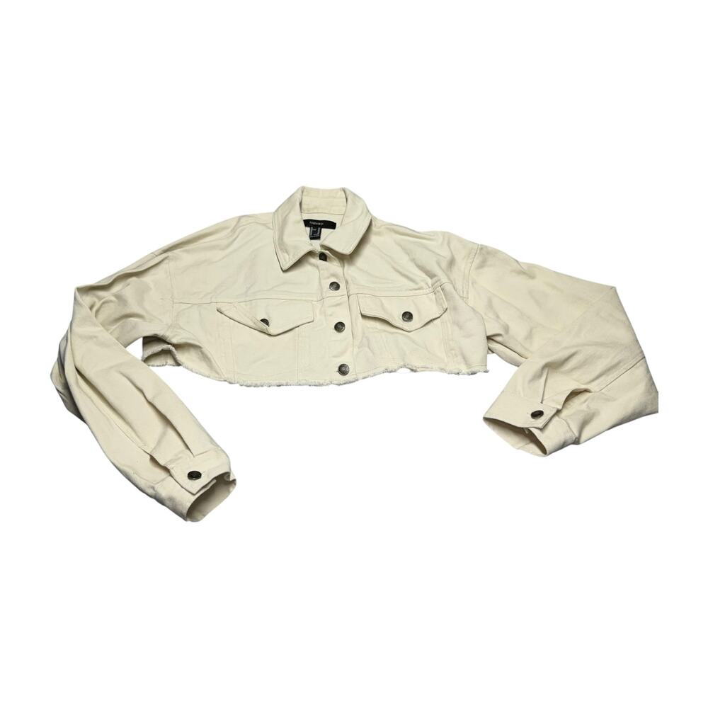 Forever 21 Cropped Cream Raw Hem Snap Jacket XS
